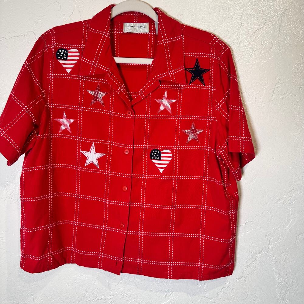 Vintage Lemon Grass Large 100% Cotton Short Sleeve Button Up Patriotic July 4th
